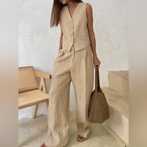 Commense Beige Linen Vest & Wide-Leg Trousers Set